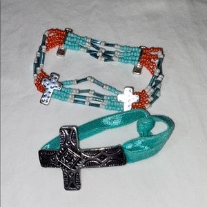 Teal and coral cross bracelets